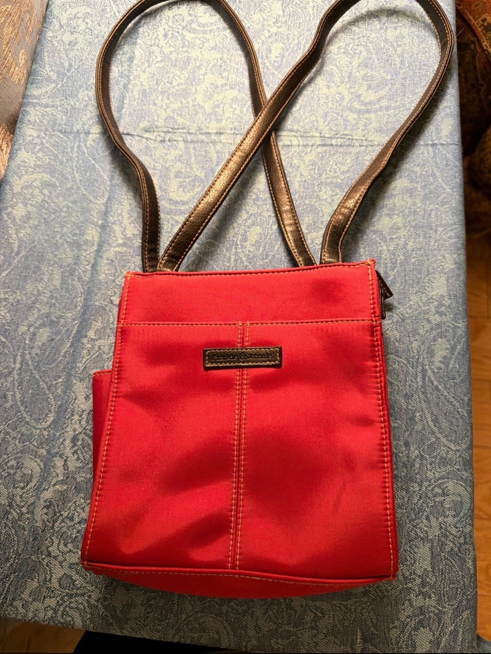 Red Crossbody Shoulder Bag with Dark Brown Straps